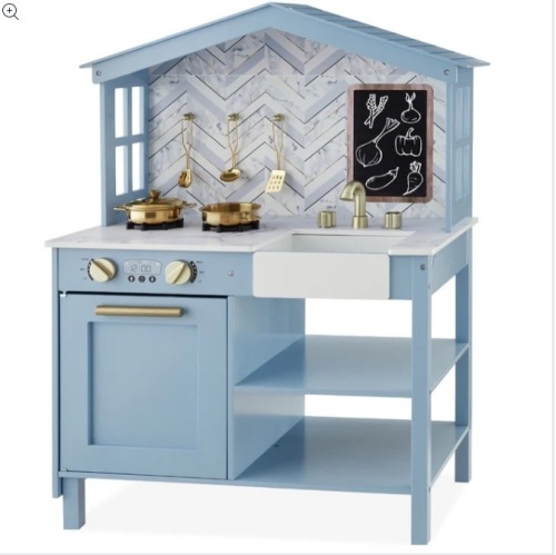 Kids Farmhouse Play Kitchen w/ Chalkboard, Storage Shelves, 5 Accessories $149.99  - Lot 152