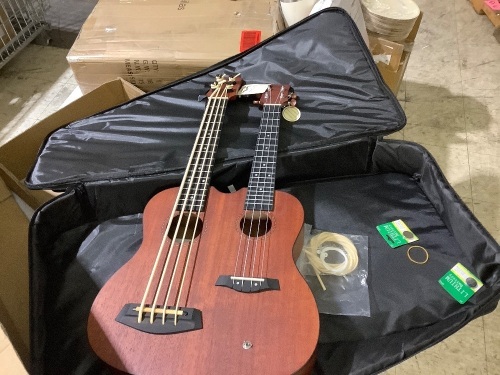 Bass Ukulele, AKLOT 28 Inch Double Necks Ukelele Custom-made Headstock Full Mahogany 4 Strings Uke & 4 String Bass with Gig Bag $179.99 - Lot 503