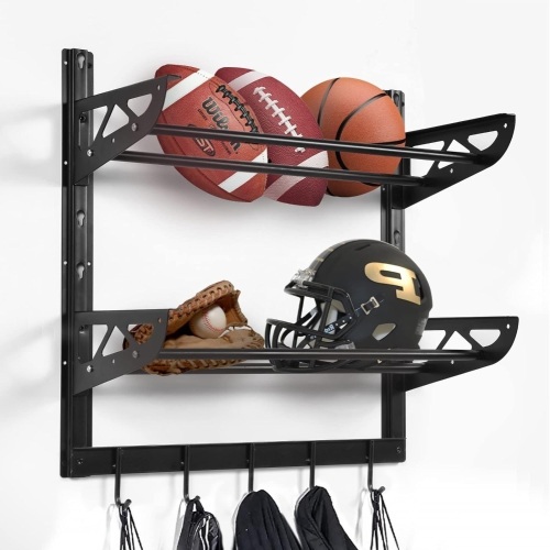Wallmaster Garage Sports Equipment Organizer Ball Storage Rack Wall Mount Adjustable 2 Layers Steel Black Sports Gear Storage Holder with 5 Hooks - Lot 575