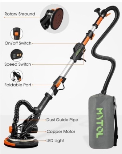 MYTOL Electric Drywall Sander with Vacuum Dust Collection, Variable Speed, LED Light, Foldable Handle$199.99 - Lot 477