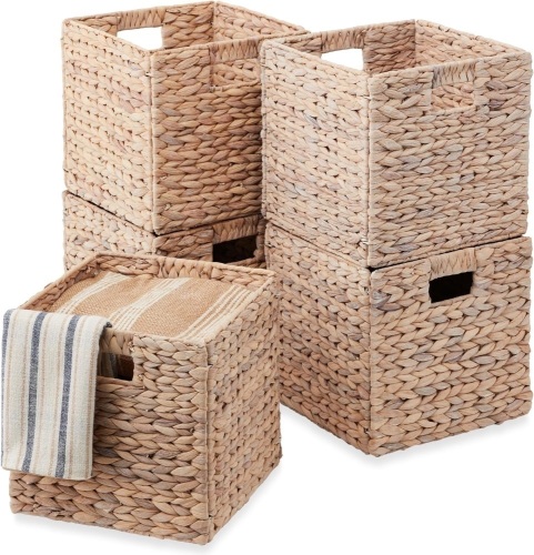 Set of 5 Collapsible Hyacinth Storage Baskets w/ Inserts - 12x12in - Lot 8900