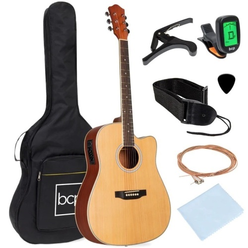 41in Beginner Acoustic Electric Cutaway Guitar Set w/ Case, Strap - Lot 8902