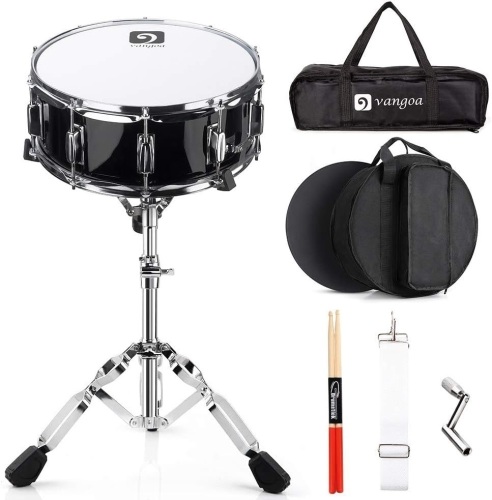 Vangoa Snare Drum Set for Kids Students Beginners Kit, 14 Inch, 10 Lugs, Wooden Shell with Case, Gig Bag, Practice Pad, Drum Stand, Sticks, Tuning Key, Strap, Mute Pad, Black - Lot 9081