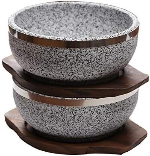 KoreArtStory Dolsot-Bibimbap Stone Bowls 32-Oz(Set of 2 + Wood base 1 More + Bibimbap Recipe) Cooking Korean Soup and Food - Lot 9119