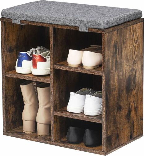 J-yaamiZz Shoe Bench, Shoe Storage Organizer with 5 Compartments and 3 Adjustable Shelves, Cushioned Seat, Compact and Narrow, for Entryway, Hallway, Closet (Brown) - Lot 9193
