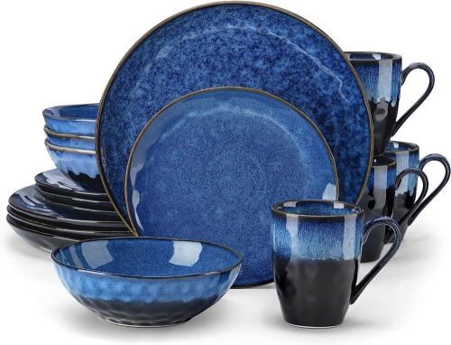 vancasso 16 Pieces Blue Dinnerware Set, Reactive Glaze Dish Set, Plates and Bowls Set - Lot 9196