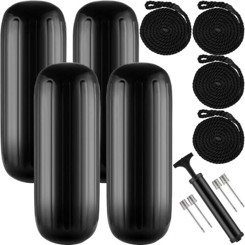VOYOCHT Boat Fenders 4 Pack 10 x 28 Inches Ribbed Center Hole Boat Fenders Bumpers for Docking, Comes with 4 Lines and Pump to Inflate - Lot 9205