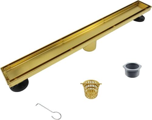Bernkot 24 Inch Linear Shower Drain, 2-in-1 Floor Drain with Tiled Insert Grate & Hair Strainer, 304 Stainless Steel Bathroom Rectangular Tiled in Drain w/CUPC Certified, Brushed Gold - Lot 9211