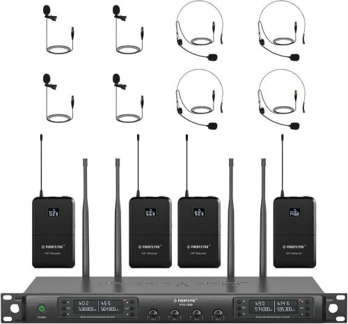 Phenyx Pro Wireless Cordless Microphone System w/ 4 Bodypacks and Headsets/Lapel Mics, 4x40 Quad Channels, Auto Scan,328ft Coverage for Singing, DJ, Church(PTU-7000B) - Lot 9214