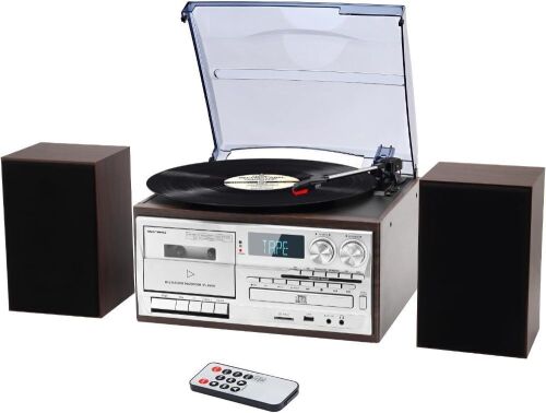 MUSITREND 10 in 1 Record Player with External Speakers,3 Speed Bluetooth Turntable Vinyl Player with CD/Cassette Play,AM/FM Radio, USB/SD Encoding,Aux-in/RCA Line Out - Lot 9215