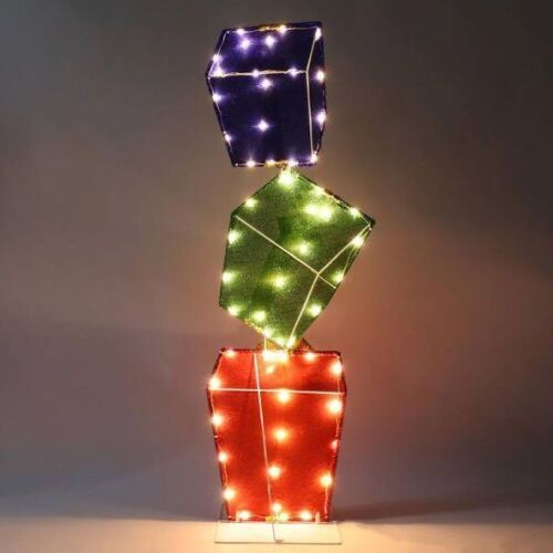 48 in. Tall Multi-Colored Tinsel Stacked Gift Boxes Warm White LED Lights, Indoor Outdoor Christmas Decoration - Lot 676