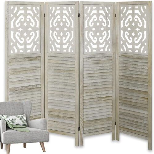 ECOMEX 4 Panel Carved Wood Room Divider 5.6Ft, Rustic White  - Lot 727