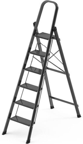 GameGem 6 Step Aluminum Folding Step Ladder with Anti-Slip Sturdy and Wide Pedal, 330lb Capacity  - Lot 742