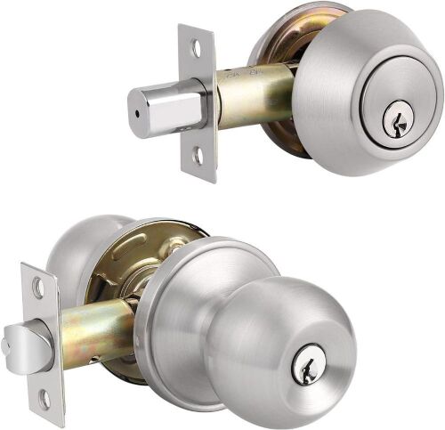 Knobonly Entry Door Knobs and Double Cylinder Deadbolt, Satin Nickel Finish, Keyed Alike, 10 Pack - Lot 751