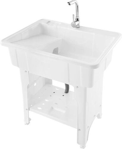 Freestanding Plastic Laundry Sink with Washboard, Cold & Hot Water Faucet - Lot 260