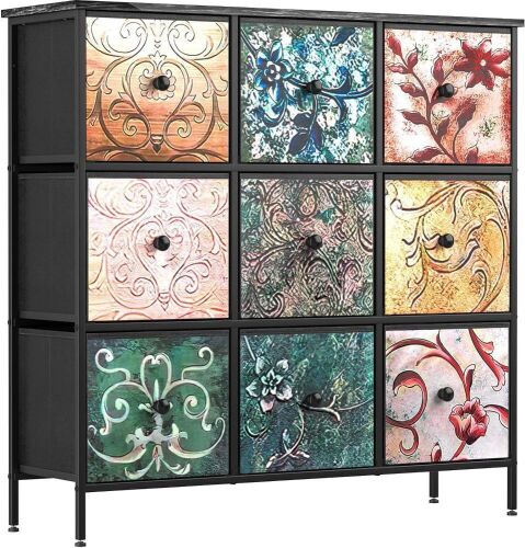 YILQQPER 9 Drawer Tall Storage Organizer Unit with Sturdy Steel Frame, Fabric Bins, Wood Top - Lot 504