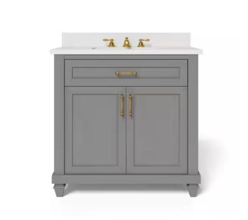 Grovehurst 36 in. W x 20 in. D x 35 in. H Single Sink Freestanding Bath Vanity in Gray with White Engineered Stone Top  - Lot 20