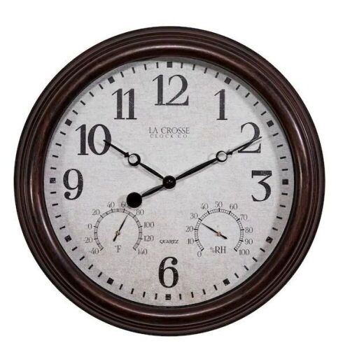 La Crosse Technology 15 in. Brown Indoor/Outdoor Quartz Wall Clock with Thermometer and Hygrometer - Lot 456