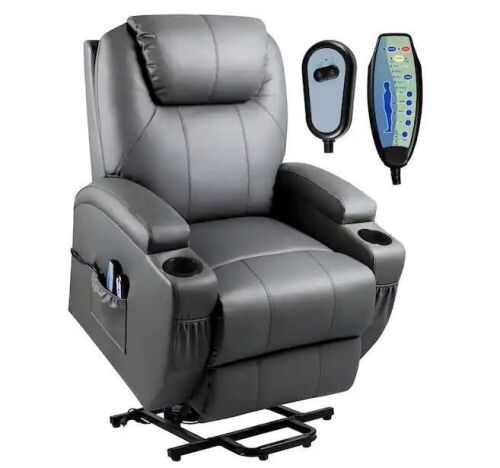 Big and Tall Gray Power Lift Recliner Chair with Massage and Heat, Side Pockets and Cup Holders - Lot 22