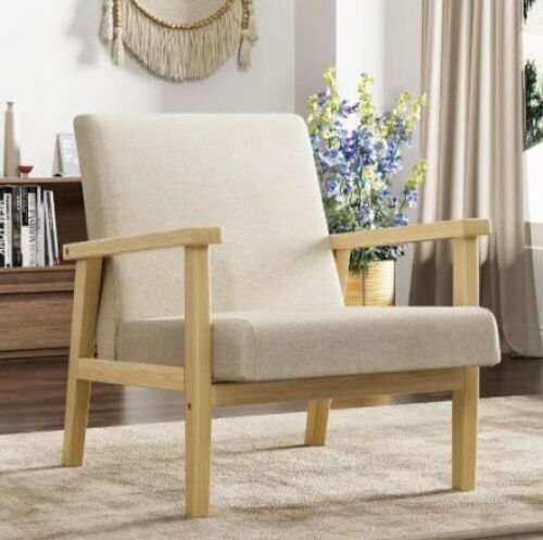 Mid-Century Modern Accent Chair with Solid Wood Frame and Thick Cushion, Beige - Lot 609
