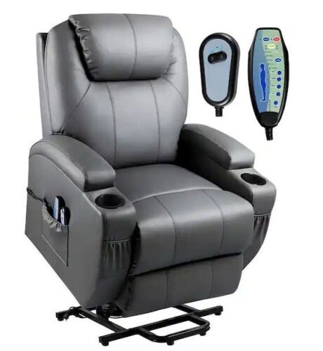 Big and Tall Gray Power Lift Recliner Chair with Massage and Heat, Side Pockets and Cup Holders - Lot 24