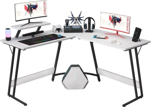 L Shaped Gaming Computer Corner Desk with Large Monitor Riser Stand, Classical White, 51 Inch - Lot 607