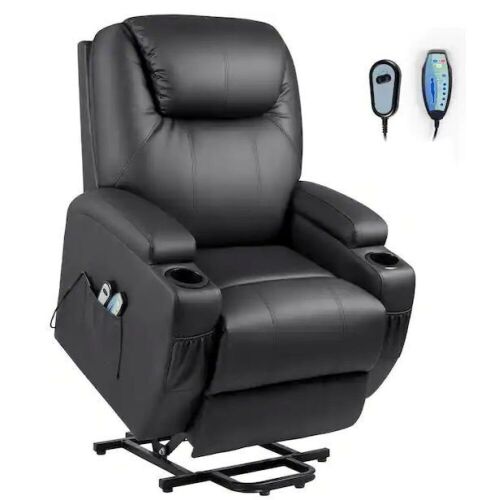 Big and Tall Black Power Lift Recliner with Massage and Heat, Side Pockets and Cup Holders - Lot 47