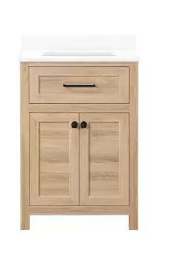 Hanna 24 in. W x 19 in. D x 34 in. H Single Sink Bath Vanity in Weathered Tan with White Engineered Stone Top - Lot 34