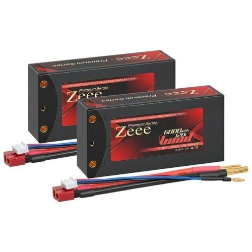 Zeee 2S Shorty Lipo Battery 7.6V 6000mAh 120C Hard Case with 4mm Bullet to Deans Plug for RC Cars, 2 Pack  - Lot 334