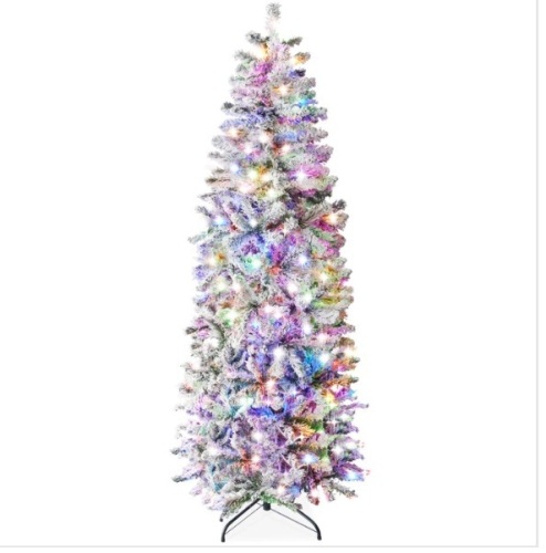 Pre-Lit Snow Flocked Artificial Pencil Christmas Tree w/ Multicolor Lights 9ft - Lot 108