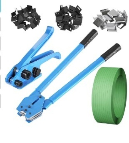 Vteilas Banding Strapping Kit Pallet Packaging Strapping Tool, Strapping Tensioner Tool, Sealing Tool, 200 Plastic Packaging Corner, 200 Metal Seals, and 5/8" x 885' Polyester (PET) Strapping Roll - Lot 160