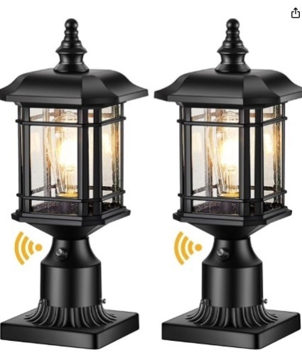 VIANIS Dusk to Dawn Post Lights Outdoor, Black Post Lantern with Pier Mount Base, Exterior Lamp Post Light Fixture, Waterproof Aluminum Body with Tempered Seeded Glass for Patio, Garden, Driveway - Lot 198
