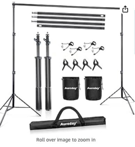 Aureday Backdrop Stand, 10x10Ft Adjustable Photo Backdrop Stand Kit with 4 Crossbars, 6 Spring Clamps, 6 Background Clamps, 2 Weight Bags and Carrying Bag for Parties/Wedding/Photography/Decoration - Lot 213