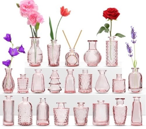 Bud Vases for Wedding Decorations,Glass Vase for Centerpiece Table Decorations,Small Boho Vase for Home Decor,Wedding Decor,Centerpieces,Party,Office (Pink) - Lot 215