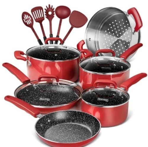 MICHELANGELO Pots and Pans Set Nonstick, 15 Pcs Kitchen Cookware Sets with Porcelain Enamel Exterior and Nonstick Granite-derived Coating, Enamel Cookware Set with 5 Utensils - Red - Lot 222