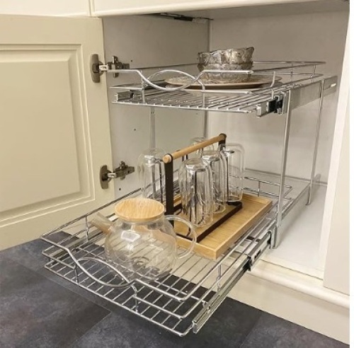 Sikarou Pull Out Cabinet Organizer 23" W x 21" D 2-Tier Individual Slide Out Drawer Pantry Shelf Storage for Kitchen Base Cabinet Organization ​for Kitchen, Bathroom, Pantry, Chrome - Lot 235