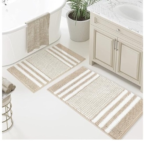 Tindbea Bathroom Rugs Set 2 Piece, Extra Soft and Absorbent Fluffy Striped Chenille Bath Mat Rug Set, Non Slip Bathroom Floor Mat, Machine Washable (20" x 32" Plus 16" x 24", Khaki) - Lot 297
