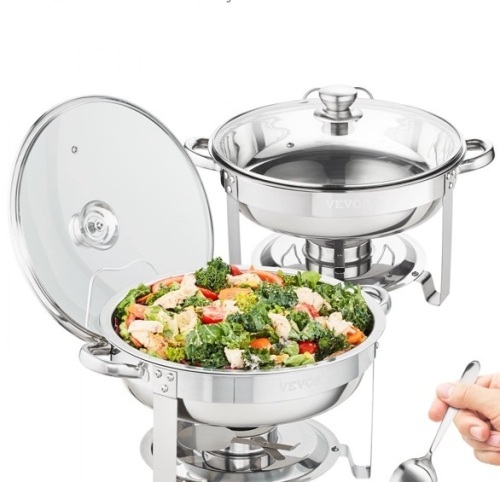 VEVOR 2-Pack Round Chafing Dish Set with Full-Size 4Qt Pan Glass Lid Fuel Holder - Lot 300