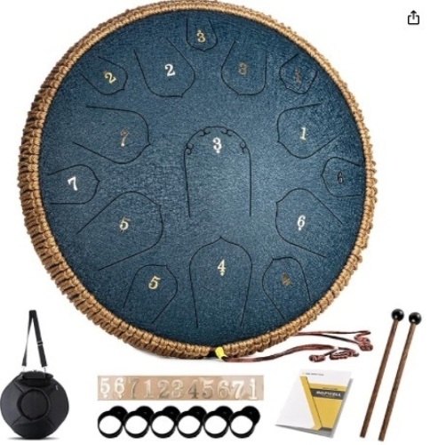 HOPWELL Steel Tongue Drum - 14 Inch 15 Note Tongue Drum - Hand Pan Drum with Music Book, Handpan Drum Mallets and Carry Bag, D Major (Navy Blue) - Lot 182