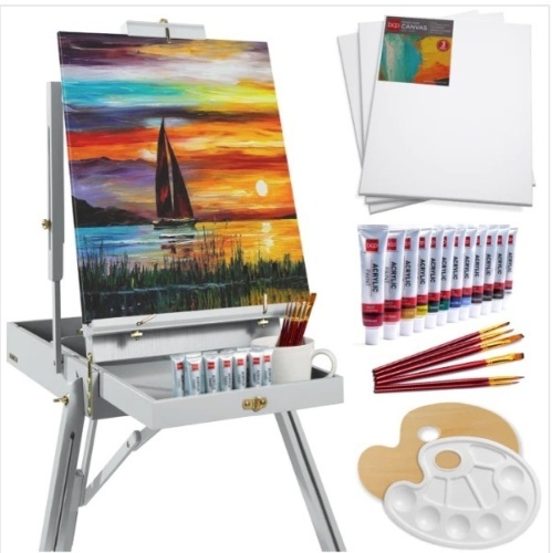Portable Wooden French Easel w/ 32pc Beginners Kit $159.99 - Lot 144