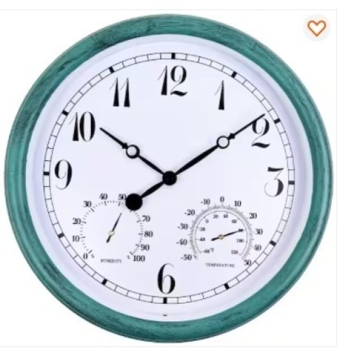 15 in. Indoor/Outdoor Waterproof,with Thermometer and Hygrometer Combo,Round Silent Battery Operated Quartz Wall Clock - Lot 124b
