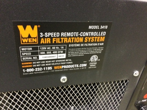 WEN 3410 3-Speed Remote-Controlled Air Filtration System (300/350/400 CFM)$159.99 Does not power on - Lot 257