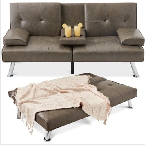 Faux Leather Upholstered Convertible Sofa Bed Futon w/ 2 Cupholders$418.99 - Lot 130