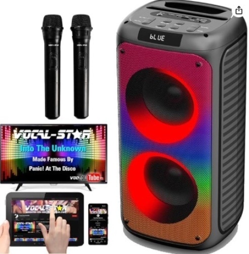 Vocal-Star Portable Karaoke Machine with Bluetooth, 2 Microphones, 100w Speaker, 6 Dazzling LED Full Speaker Lights Effects, Records Vocals, TWS, AUX, Rechargeable - Lot 192