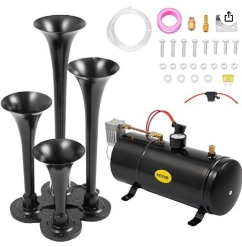 Horns Kit for Trucks Super Loud with 120 PSI 12V Air Compressor 4 Trumpet Air Horn Compressor Tank For Any Vehicle Trucks Car Jeep Or SUV (Black) - Lot 408