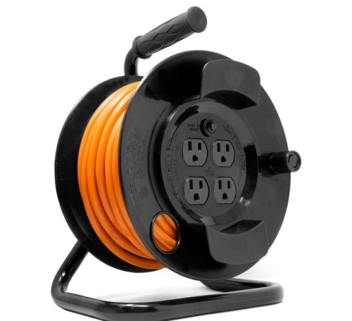 WEN PC5043R 50 ft. 14-Gauge Heavy-Duty SJTW Outdoor 14/3 Extension Cord Reel with NEMA 5-15R Light-Up Power Outlet$50.24 - Lot 362