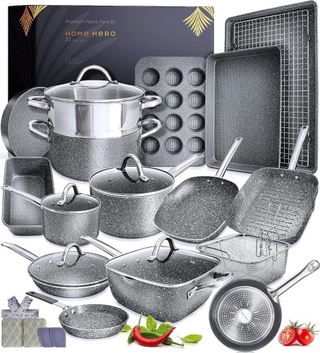 Home Hero 23 Piece Nonstick Cookware Set - Induction Granite Pots and Pans + Bakeware - PFOA Free, Oven Safe - (23 Pieces - Granite) - Lot 9231