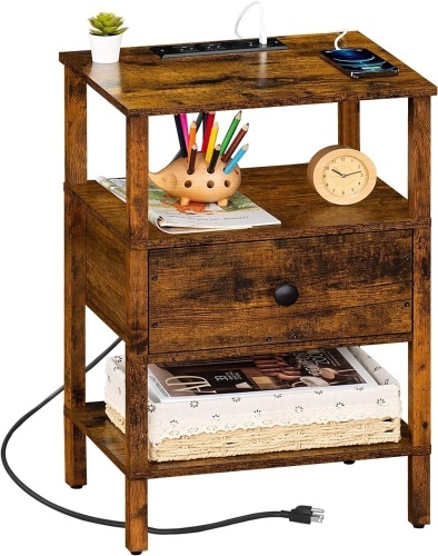 Lerliuo Nightstand with Charging Station and USB Ports, 3-Tier Storage End Table with Drawer Shelf, Night Stand for Small Spaces, Wood Bedside Table for Living Room, Bedroom - Retro Brown… - Lot 9242