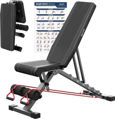 SpoxFit Adjustable Weight Bench, Full Body Workout Bench for Home Gym, Multi-Purpose Small Lightweight Bench with Workout Poster & Resistance Bands, Folding Weight Bench Super Easy Assembly - Lot 9273