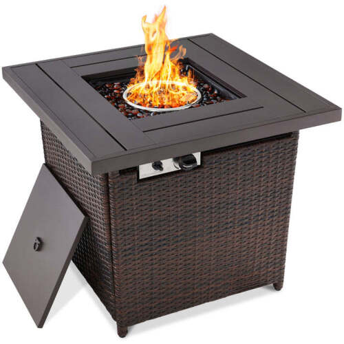 28in Fire Pit Table 50,000 BTU Wicker Propane w/ Faux Wood Tabletop, Cover - Lot 9713